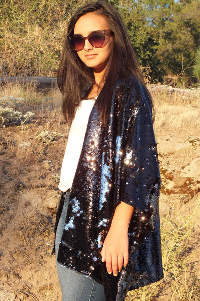 Black & Silver Reversible Sequin Long Kimono | Festival Glam