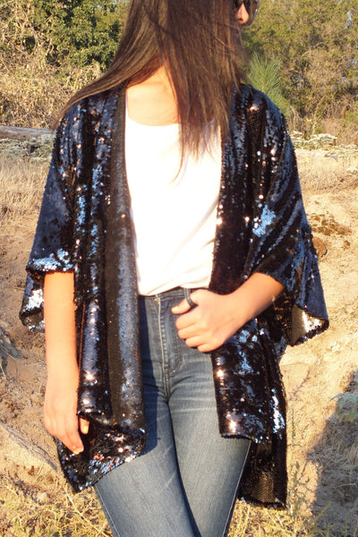Black & Silver Reversible Sequin Long Kimono | Festival Glam