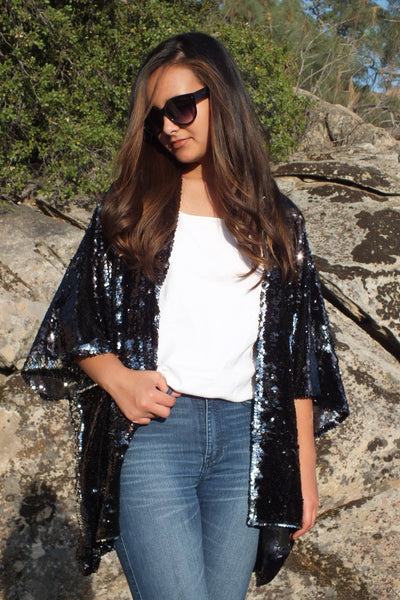 Black & Silver Reversible Sequin Long Kimono | Festival Glam