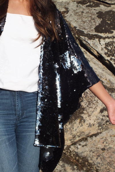 Black & Silver Reversible Sequin Long Kimono | Festival Glam