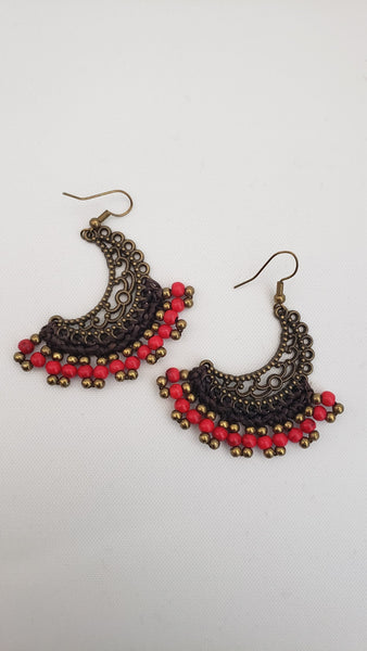 Red Half Moon Hand Crochet Beaded Earrings