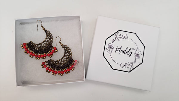 Red Half Moon Hand Crochet Beaded Earrings