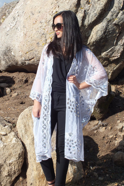 White Sequin Peacock Duster Caftan Kimono Duster Top One size