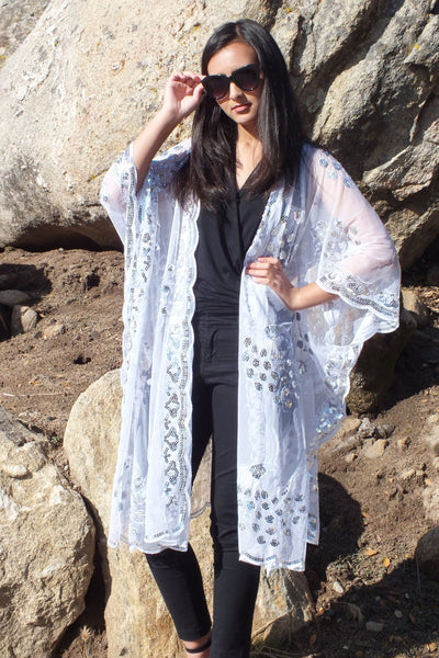White Sequin Peacock Duster Caftan Kimono Duster Top One size