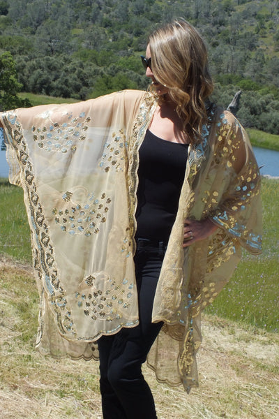 Gold Sequin Peacock Caftan Kimono Top