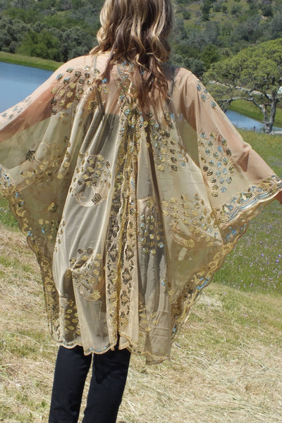 Gold Sequin Peacock Caftan Kimono Top