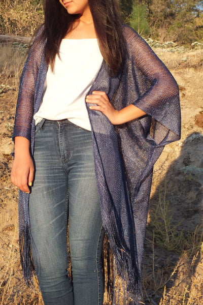 Blue Metallic Mesh Glitter Kimono Top