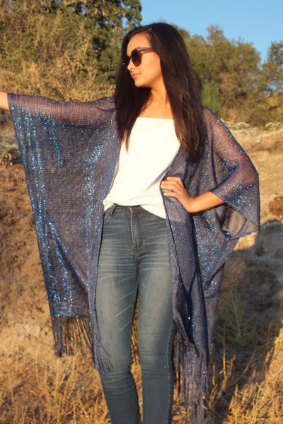 Blue Metallic Mesh Glitter Kimono Top