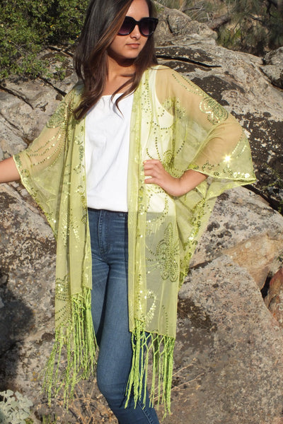 Green Butterfly Sequin Caftan Kimono Top