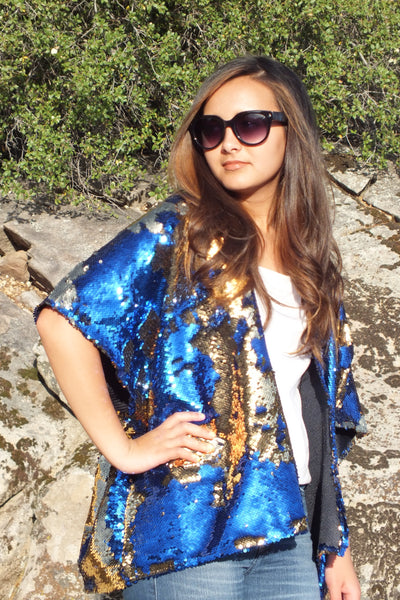 Blue Gold Reversible Sequin Kimono Top