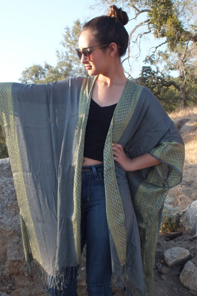 Gray Ethnic Print Festival Caftan Kimono Top One Size
