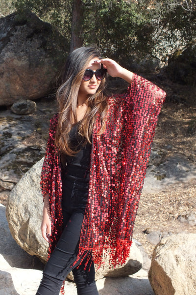 Red Round Sequin Kimono Party Top