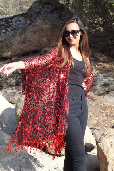 Red Round Sequin Kimono Party Top