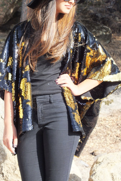 Black Gold Reversible Sequin Party Kimono Top