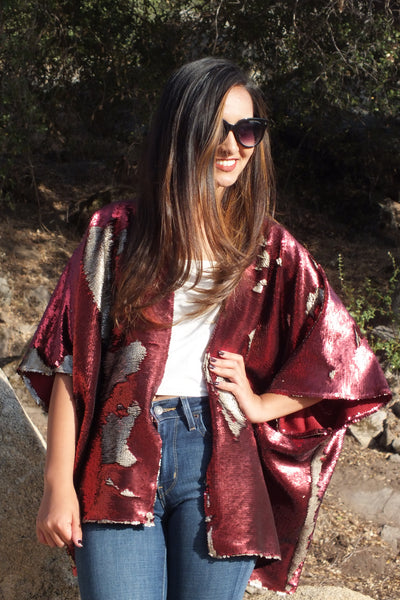 Burgundy Reversible Sequin Kimono | Luxe Festival Glam