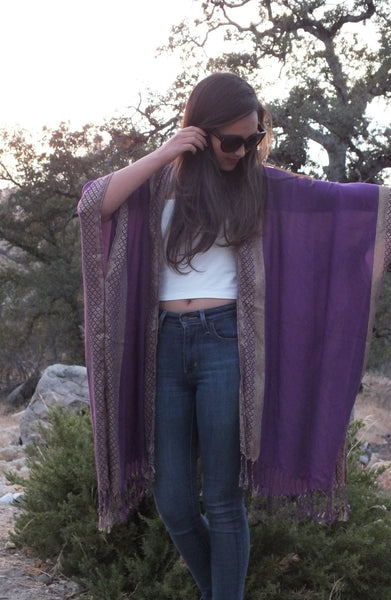 Purple Gold Ethnic Print Festival Caftan Kimono Top Ruana One size