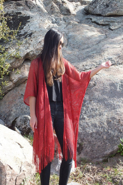 Red Metallic Mesh Festival Kimono Duster Ruana Top One Size