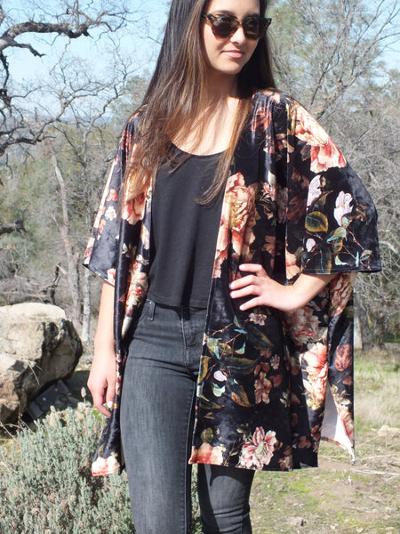 Black Floral Velvet Kimono | Luxe Statement Style