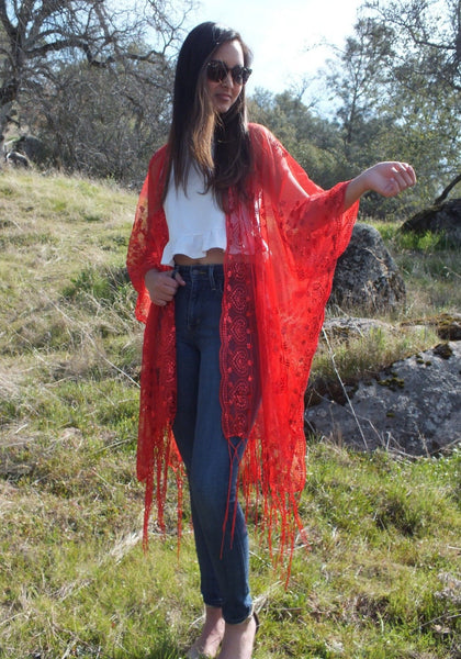 Red Sequin Peacock Embroidered Caftan Kimono Top Duster One Size