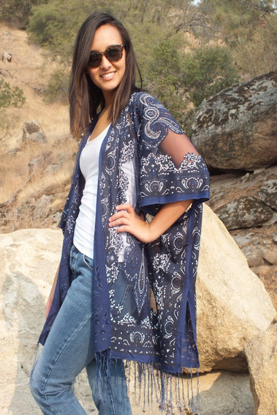 Navy Blue Paisley Bandana Medallion Burnout Fabric Duster Kimono Top One size
