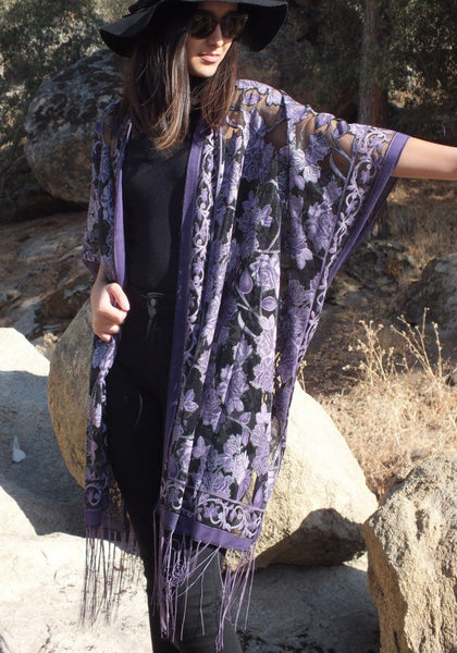 Purple Roses Floral Burnout Duster Kimono Ruana Top One size