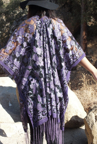 Purple Roses Floral Burnout Duster Kimono Ruana Top One size