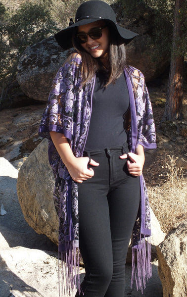 Purple Roses Floral Burnout Duster Kimono Ruana Top One size
