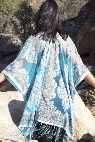 Blue Sheer Paisley Bandana Burnout Fabric Duster Kimono