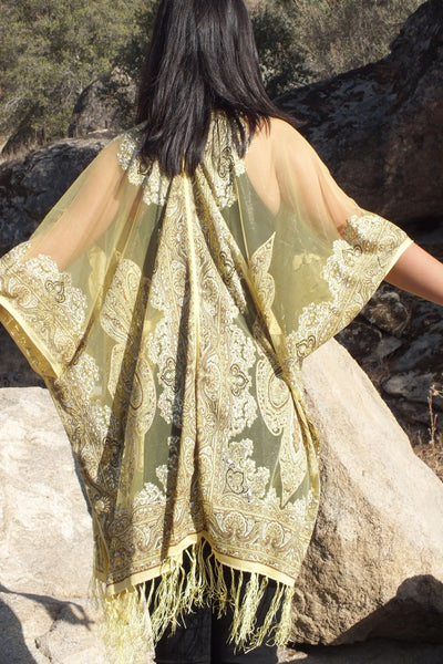 Yellow Sheer Paisley Bandana Medallion Burnout Fabric Duster Kimono Top