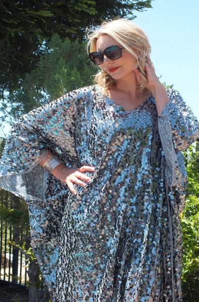 Silver Gray Sequin Caftan Kimono Party Dress One size