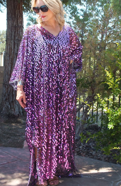 Purple Sequin Caftan Kimono Maxi Dress One size