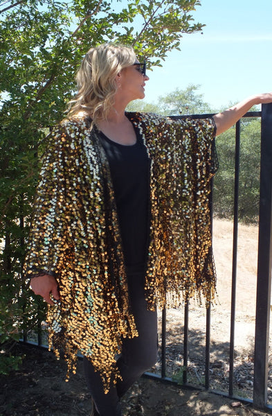 Black Gold Round Sequin Caftan Kimono Party Top