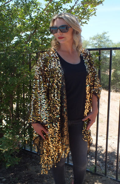 Black Gold Round Sequin Caftan Kimono Party Top