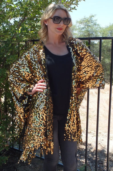 Black Gold Round Sequin Caftan Kimono Party Top