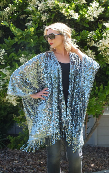 Silver Gray Round Sequin Party Top Kimono
