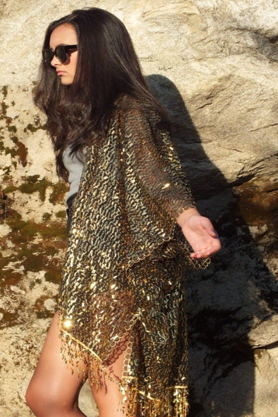 Black Gold Sequin Festival Party Kimono Duster Top