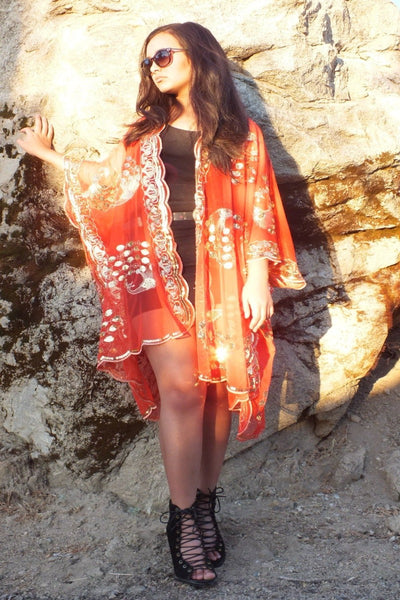 Red Gold Sequin Peacock Duster Caftan Kimono Top