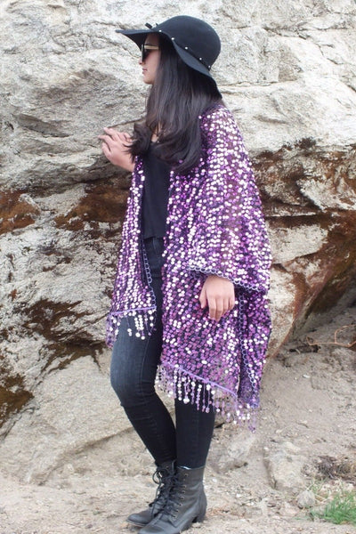 Purple Round Sequin Caftan Kimono Top One size