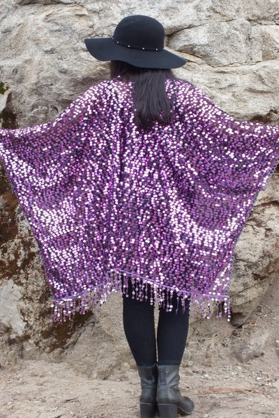 Purple Round Sequin Caftan Kimono Top One size