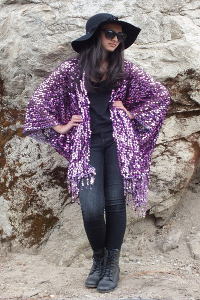 Purple Round Sequin Caftan Kimono Top One size