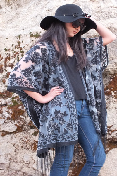 Black Roses Floral Burnout Duster Kimono Top