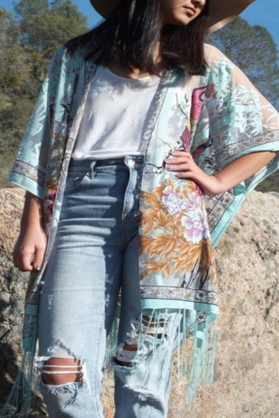 Blue Flower Peacock Print Burnout Duster Kimono Top