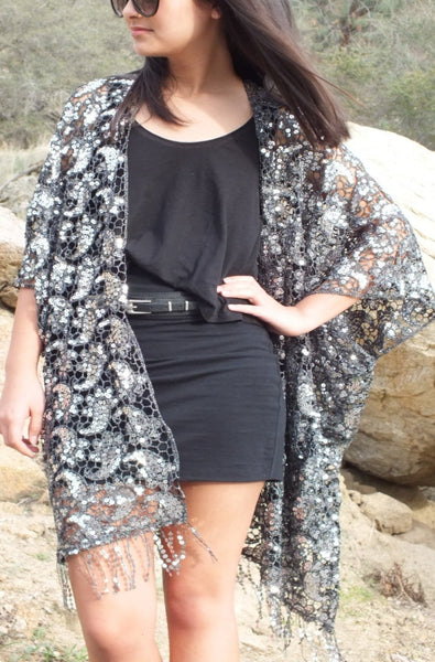 Black Silver Paisley Embroidered Sequin Kimono Duster Top