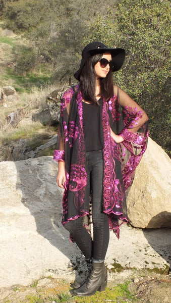 Black Purple Magenta Sequin Peacock Duster Caftan Kimono Party Top