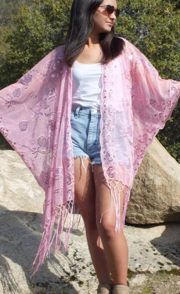 Pink Sequin Embroidered Vine Leaf Caftan Kimono Top One Size