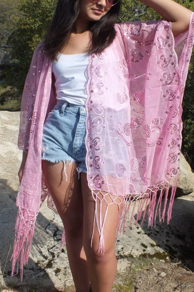 Pink Sequin Embroidered Vine Leaf Caftan Kimono Top One Size