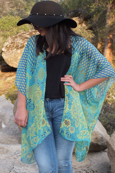 Blue/Gold Peacock Floral Print Tunic Kimono Top