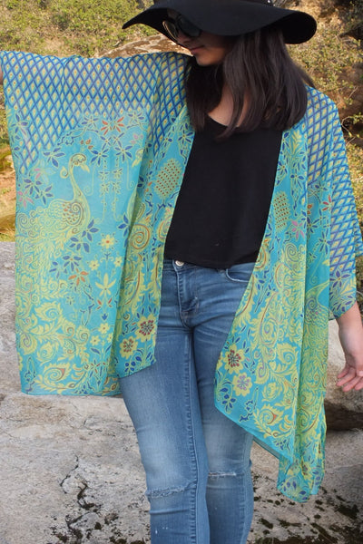 Blue/Gold Peacock Floral Print Tunic Kimono Top