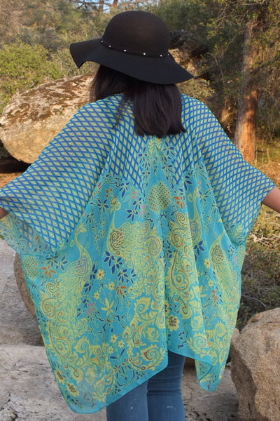 Blue/Gold Peacock Floral Print Tunic Kimono Top