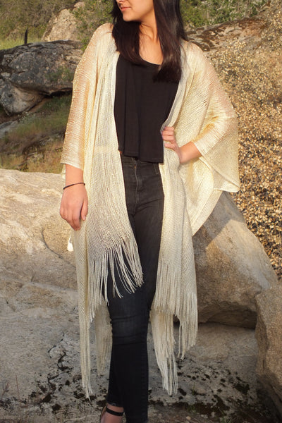 Festival Light Gold Metallic Mesh Duster Kimono Glitter Top